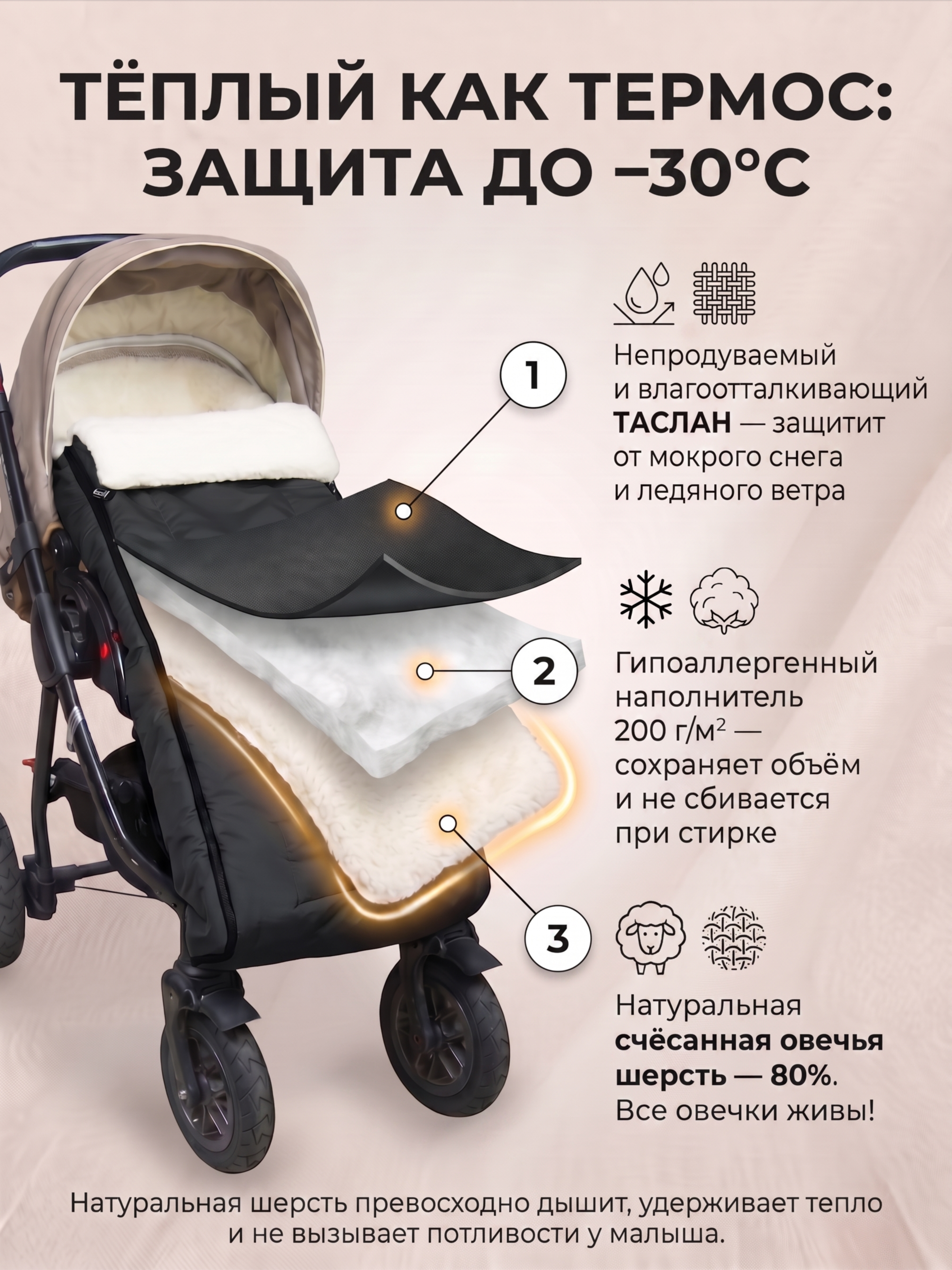 Чёрный конверт на овчине в санки Норд Макси фото 
