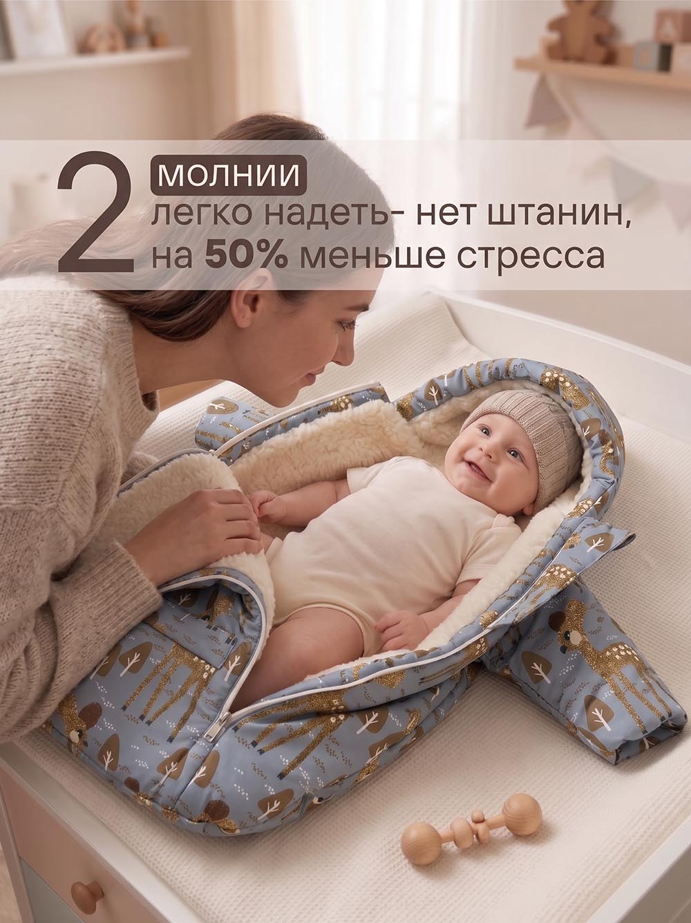 Меховой конверт-комбинезон "Олень" фото